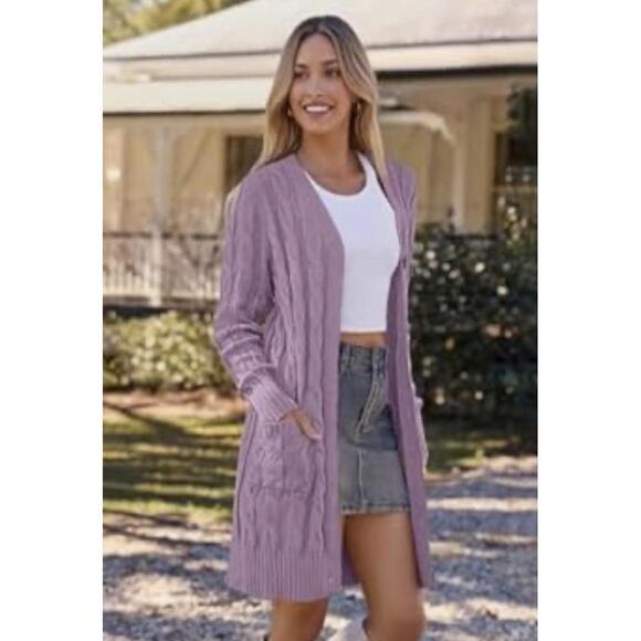 Women Autumn V Neck Elegant Knitted Sweater Button Cardigan. Purple. Pockets L - Picture 4 of 10